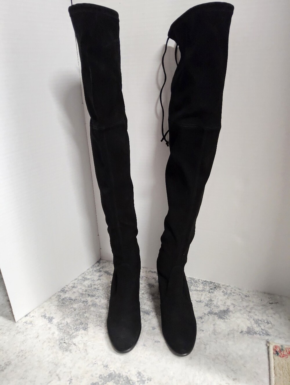 Customer Return Size 7 Stuart Weitzman Black Over-the-Knee Heeled Boots - Picture 3 of 9